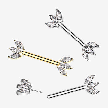 Detail View 1 of A Pair of Implant Grade Titanium OneFit Threadless Golden Marquise Flower Sparkle Nipple Barbell-Clear Gem